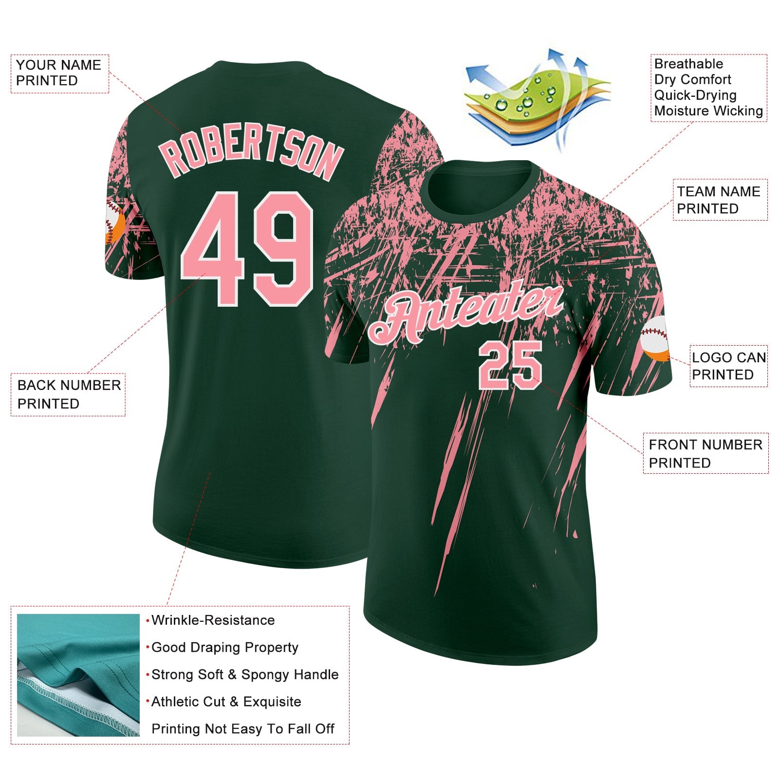 Custom Green Medium Pink-White Distressed Scratch Brush Stroke Performance T-Shirt view 2