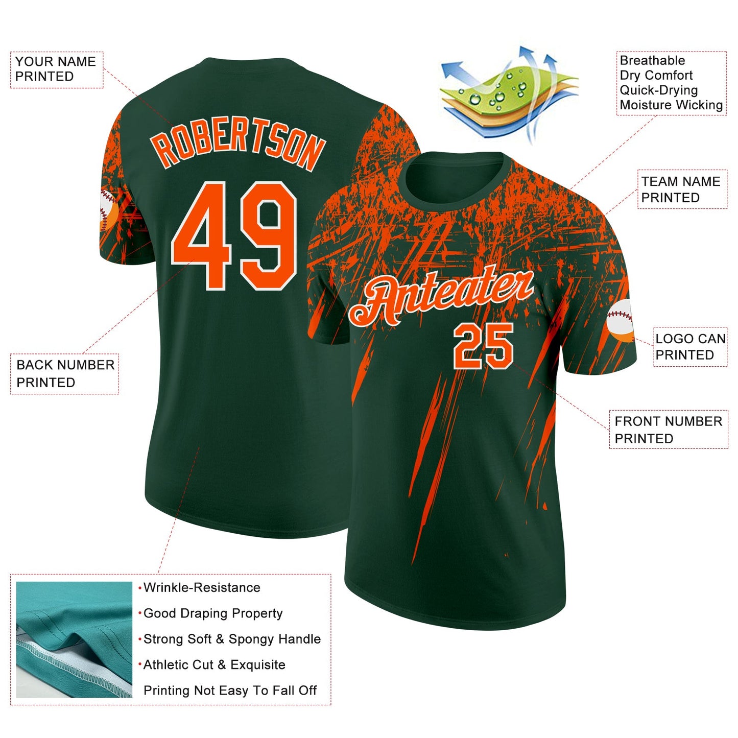 Custom Green Orange-White Distressed Scratch Brush Stroke Performance T-Shirt view 2
