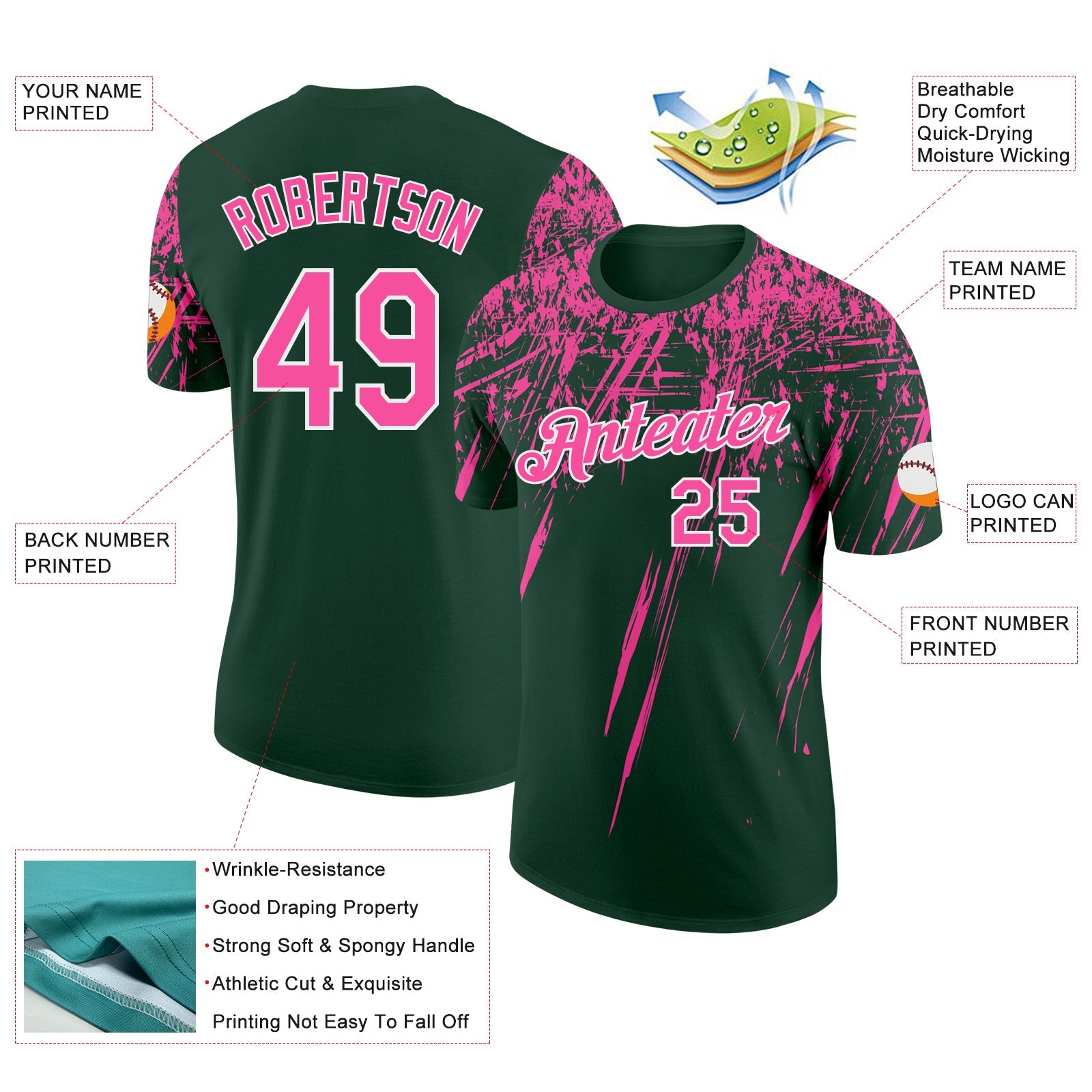 Custom Green Pink-White Distressed Scratch Brush Stroke Performance T-Shirt view 2