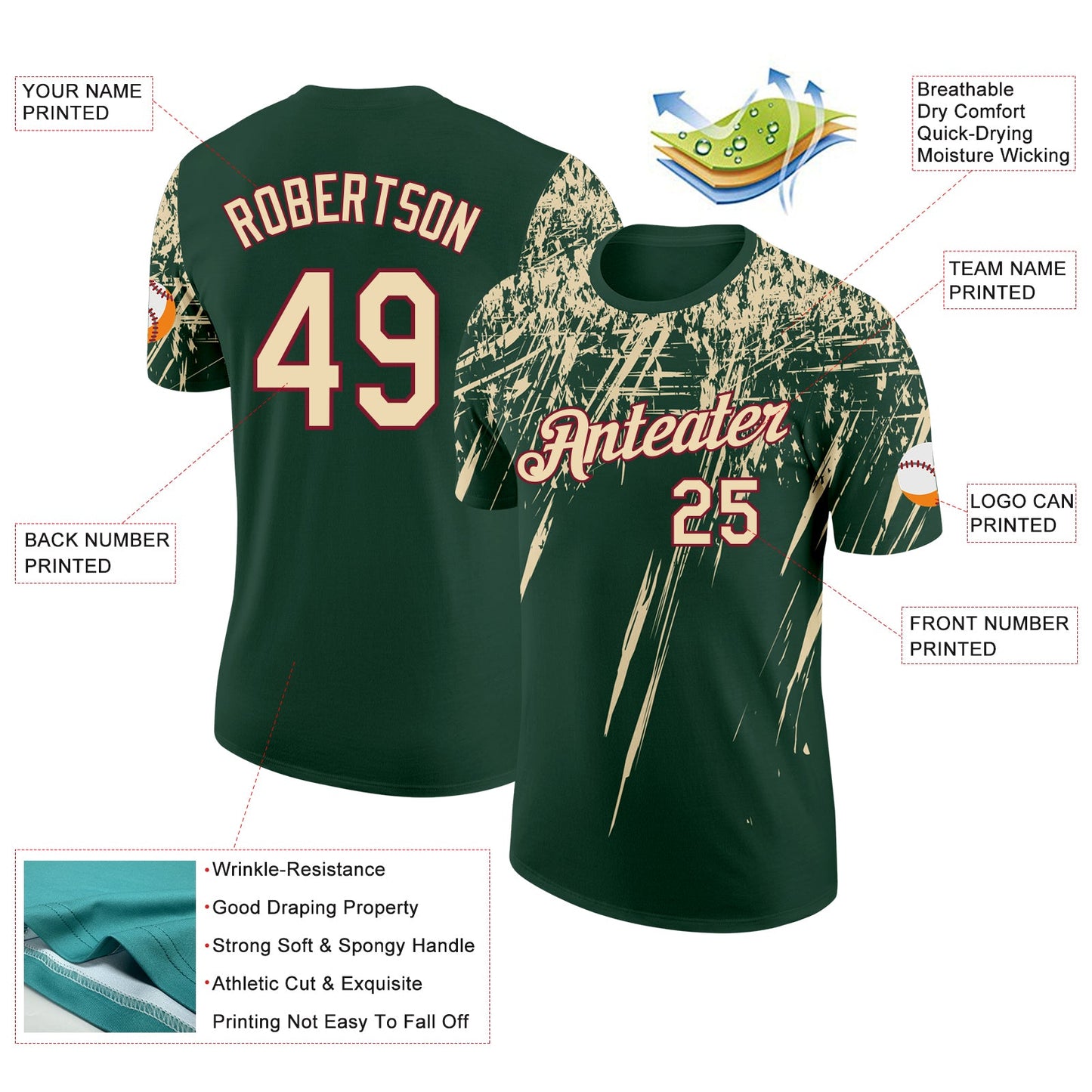 Custom Green Cream-Crimson Distressed Scratch Brush Stroke Performance T-Shirt view 2