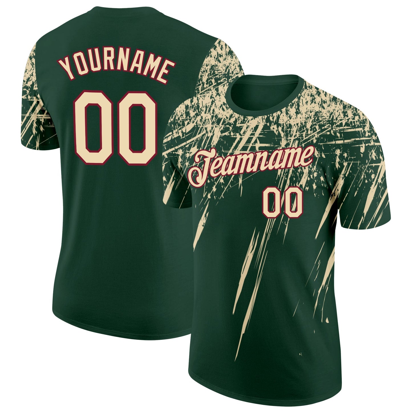 Custom Green Cream-Crimson Distressed Scratch Brush Stroke Performance T-Shirt - Main View