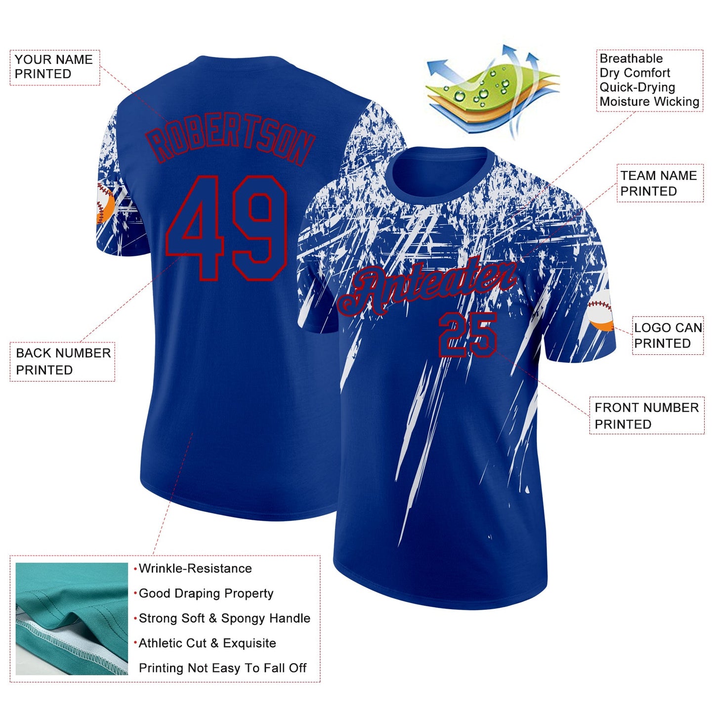 Custom Royal White-Red Distressed Scratch Brush Stroke Performance T-Shirt view 2