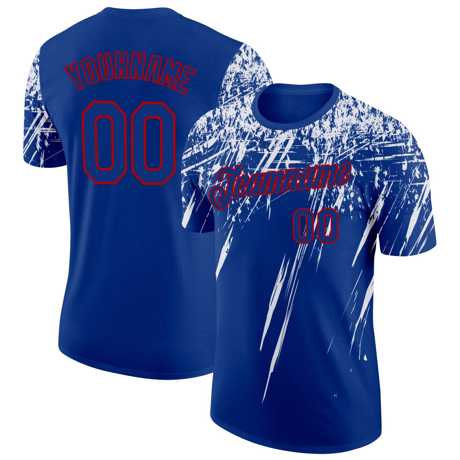 Custom Royal White-Red Distressed Scratch Brush Stroke Performance T-Shirt - Main View