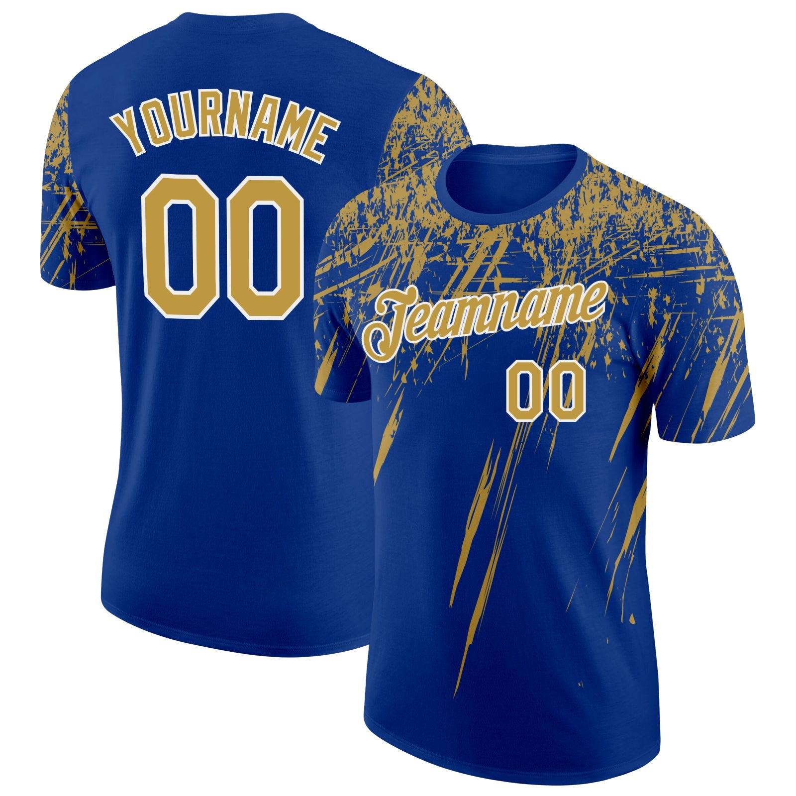 Custom Royal Old Gold-White Distressed Scratch Brush Stroke Performance T-Shirt - Main View