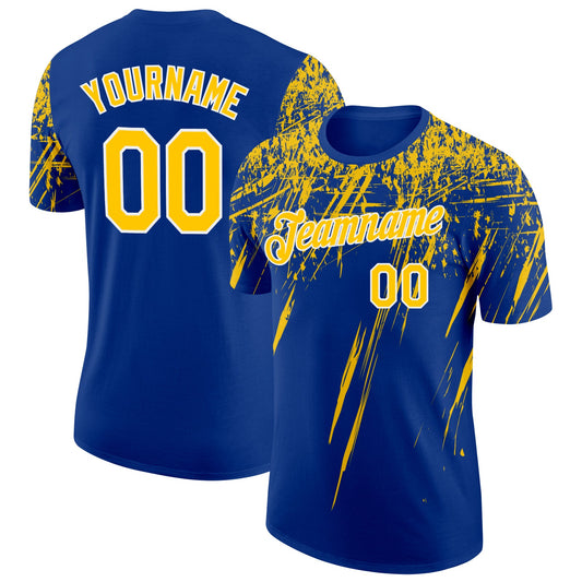 Custom Royal Yellow-White Distressed Scratch Brush Stroke Performance T-Shirt - Main View