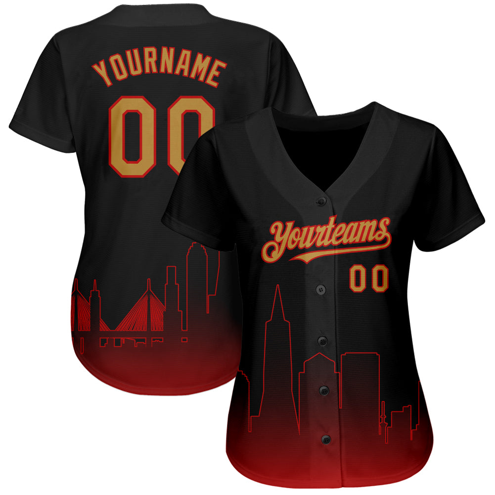 Custom Black Old Gold-Red 3D San Francisco City Edition Fade Fashion Authentic Baseball Jersey view 2