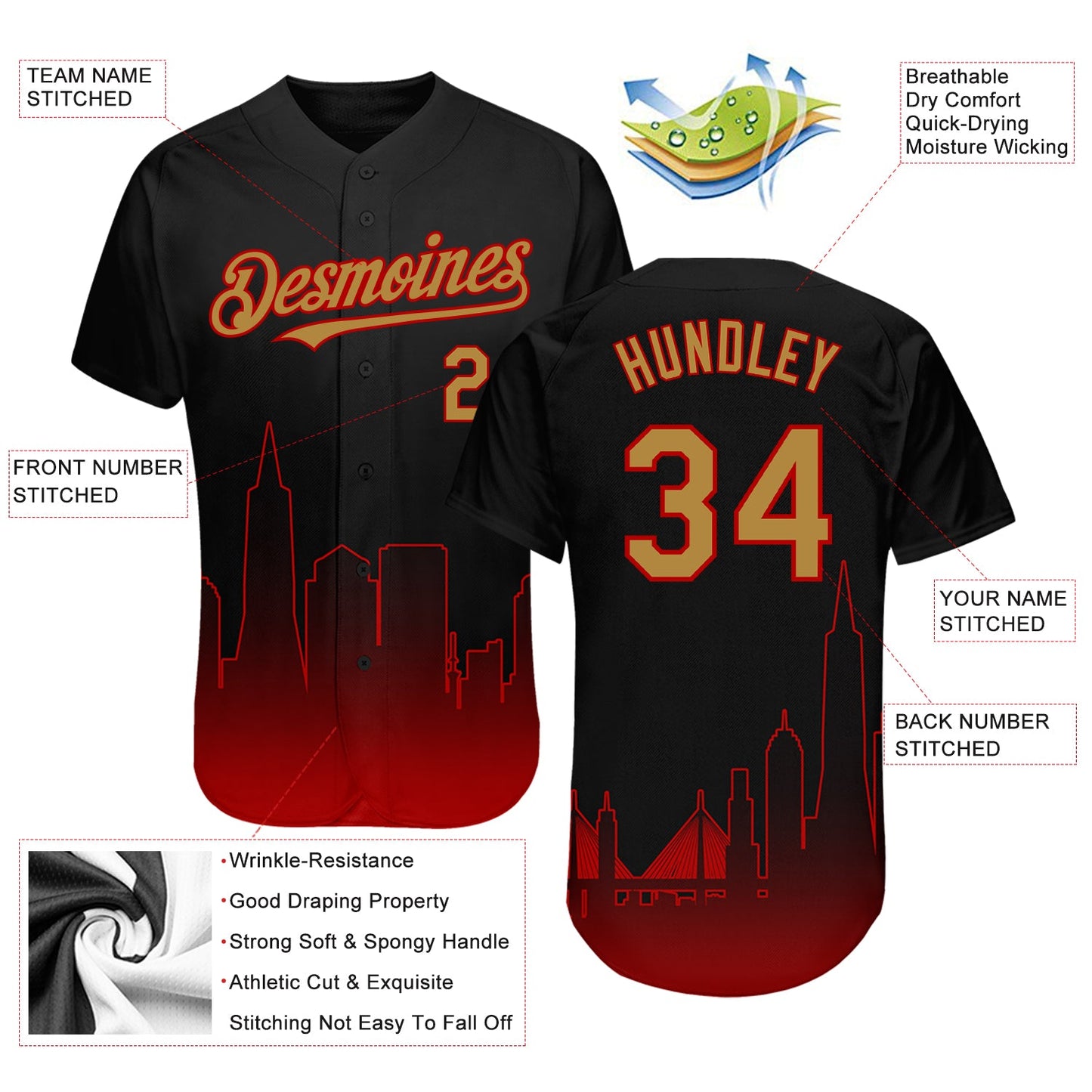 Custom Black Old Gold-Red 3D San Francisco City Edition Fade Fashion Authentic Baseball Jersey view 3