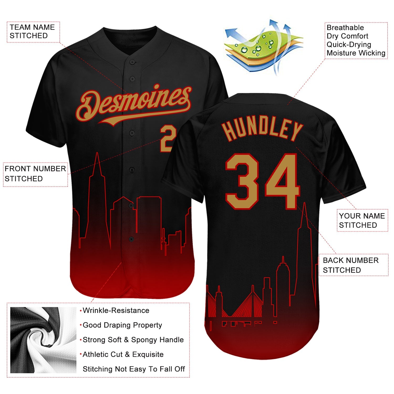 Custom Black Old Gold-Red 3D San Francisco City Edition Fade Fashion Authentic Baseball Jersey view 3