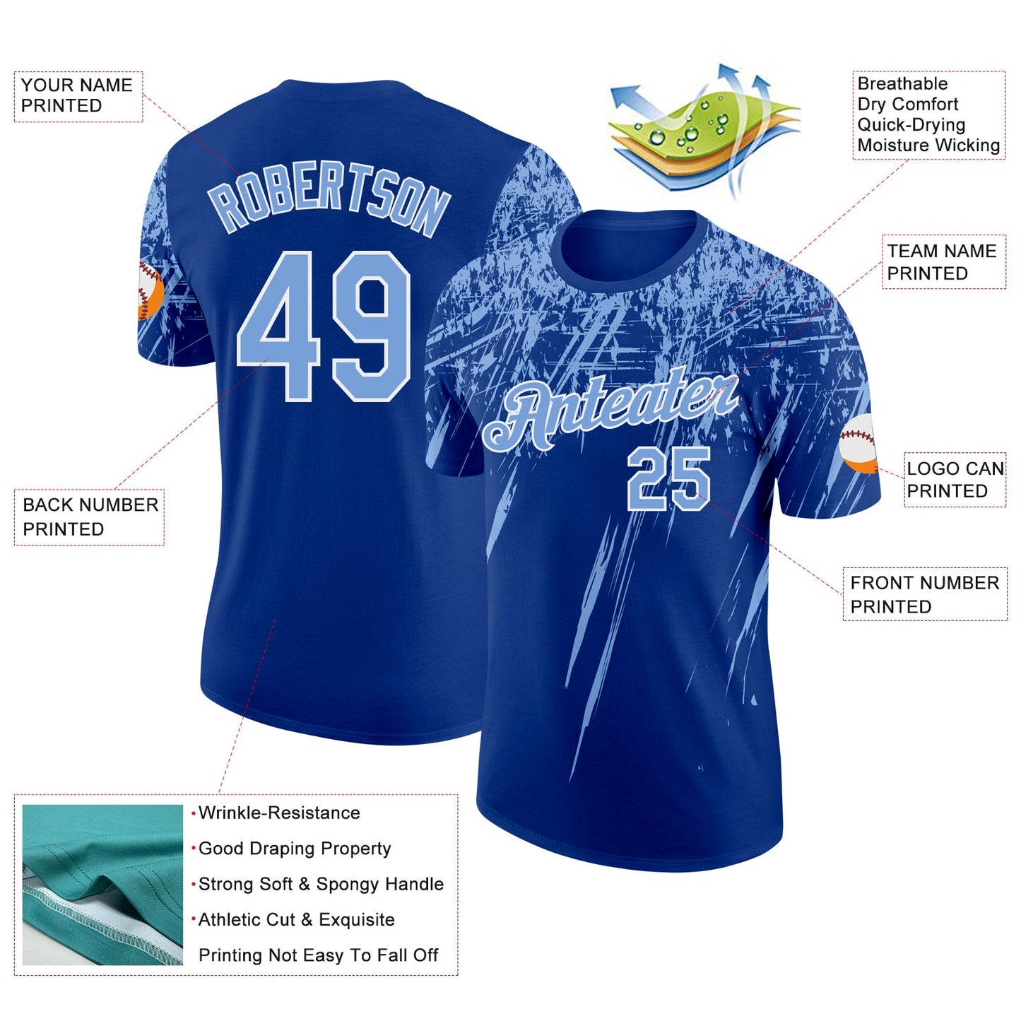 Custom Royal Light Blue-White Distressed Scratch Brush Stroke Performance T-Shirt view 2