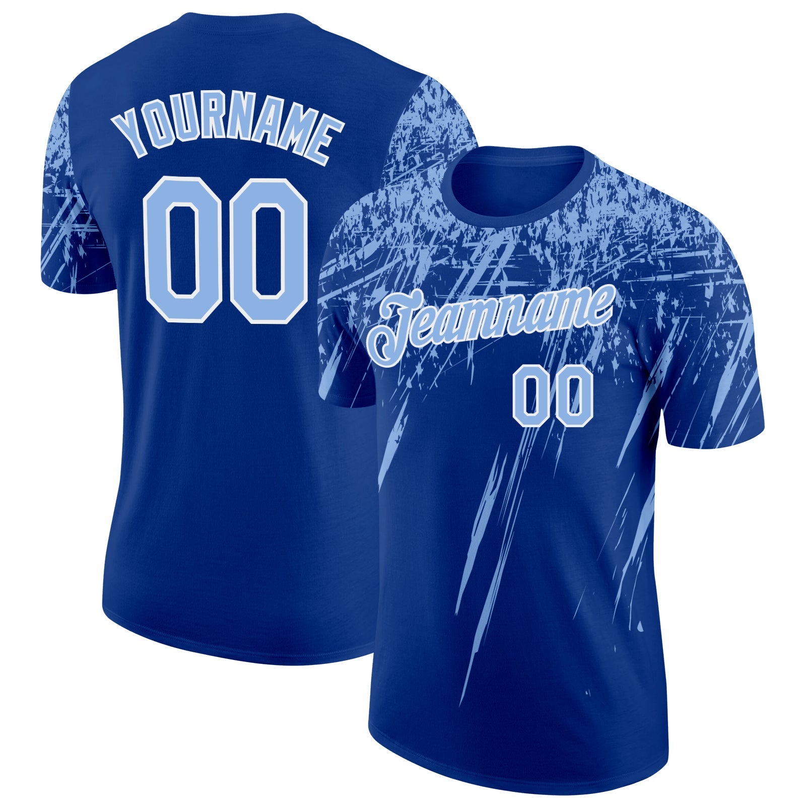 Custom Royal Light Blue-White Distressed Scratch Brush Stroke Performance T-Shirt - Main View