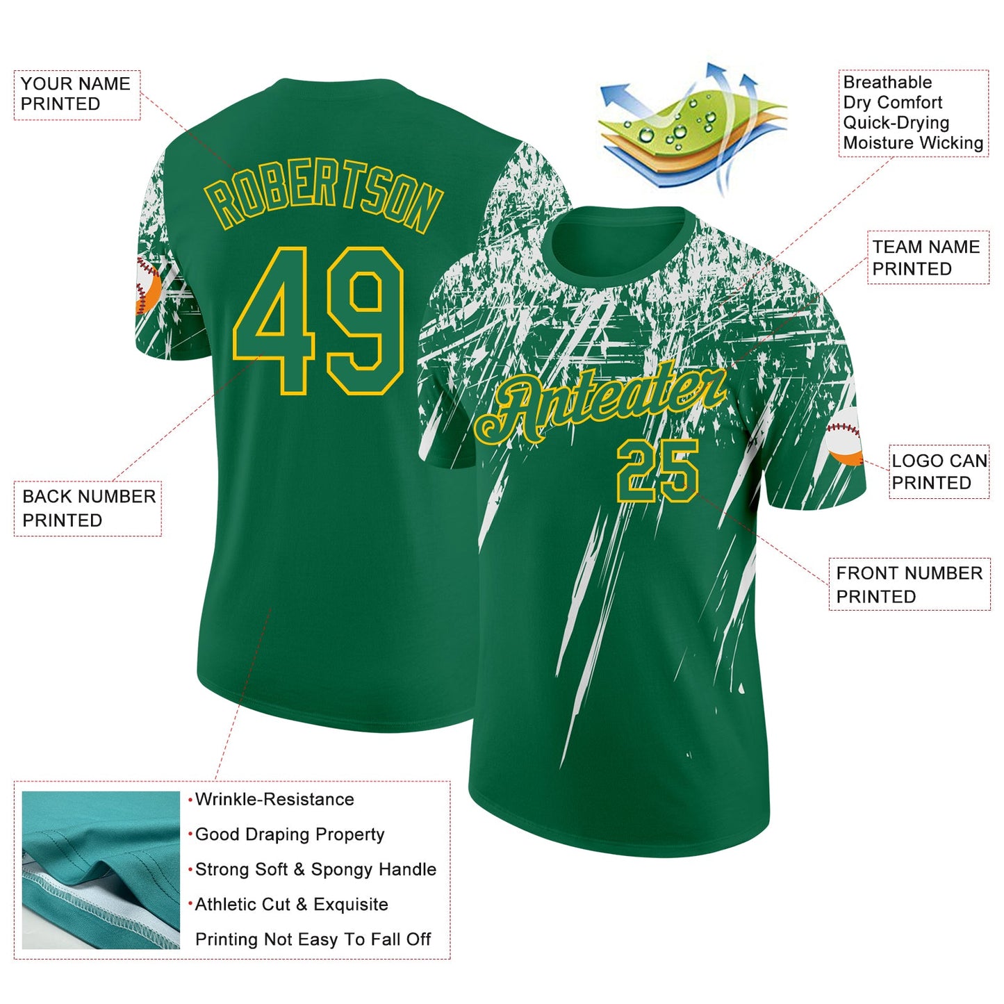 Custom Kelly Green White-Yellow Distressed Scratch Brush Stroke Performance T-Shirt view 2
