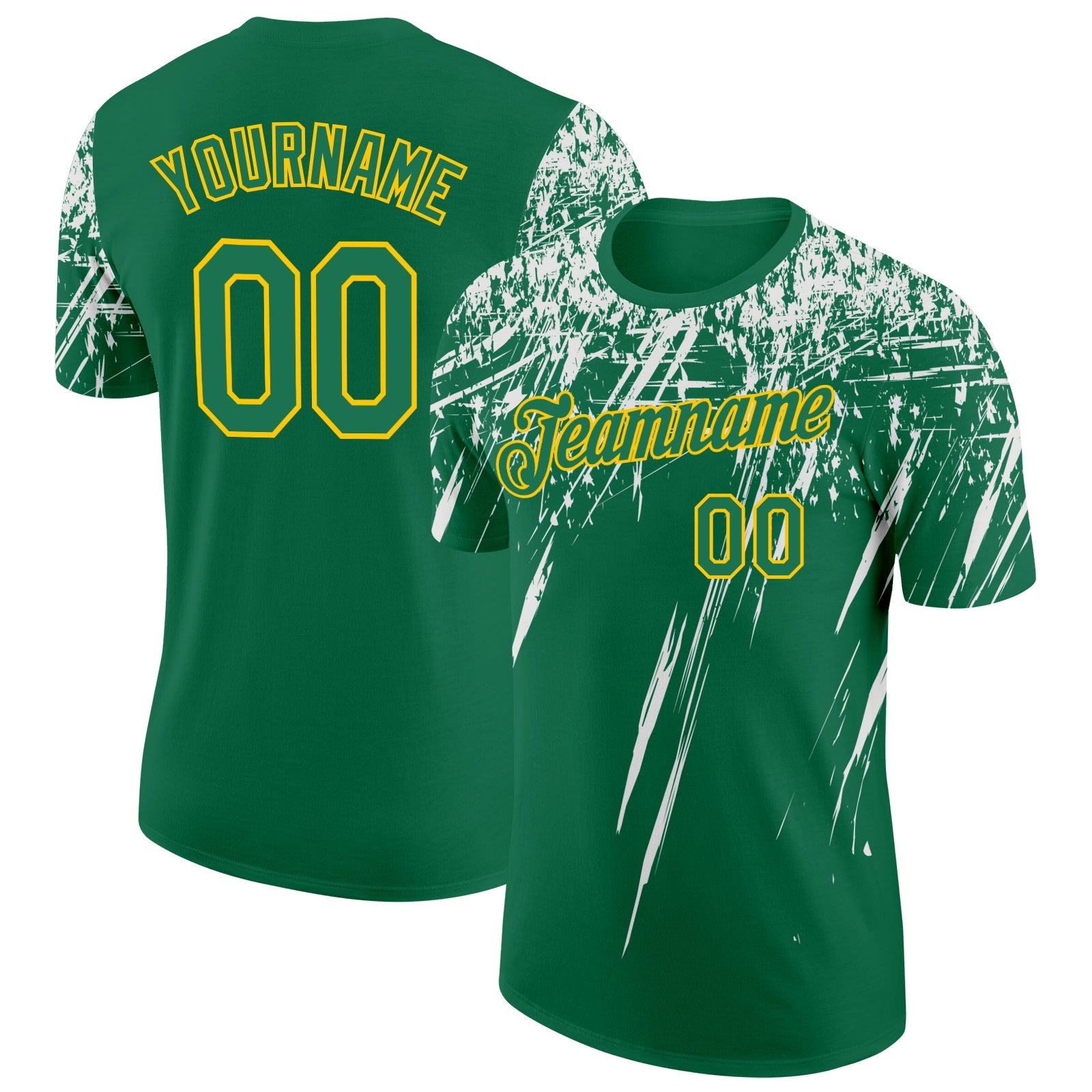 Custom Kelly Green White-Yellow Distressed Scratch Brush Stroke Performance T-Shirt - Main View