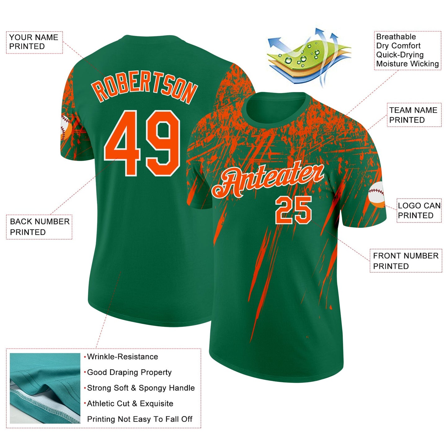 Custom Kelly Green Orange-White Distressed Scratch Brush Stroke Performance T-Shirt view 2