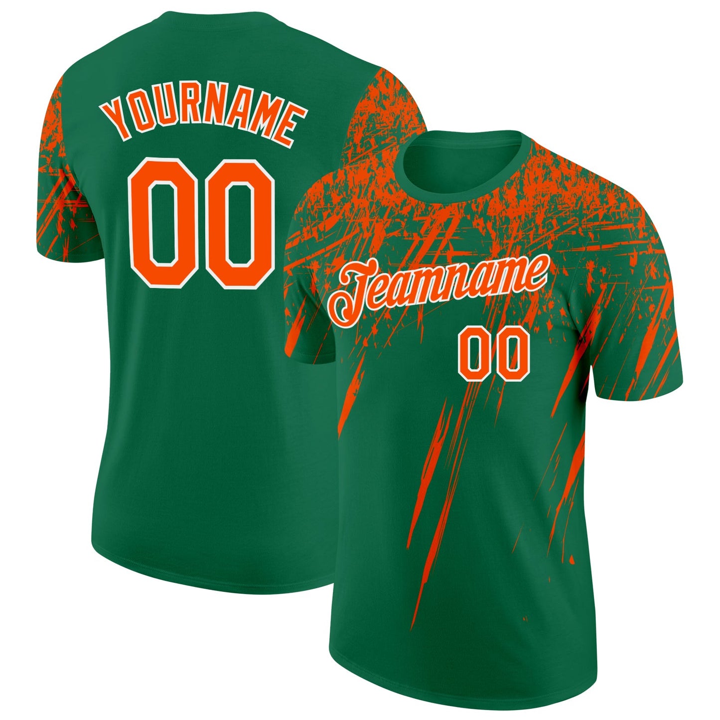Custom Kelly Green Orange-White Distressed Scratch Brush Stroke Performance T-Shirt - Main View