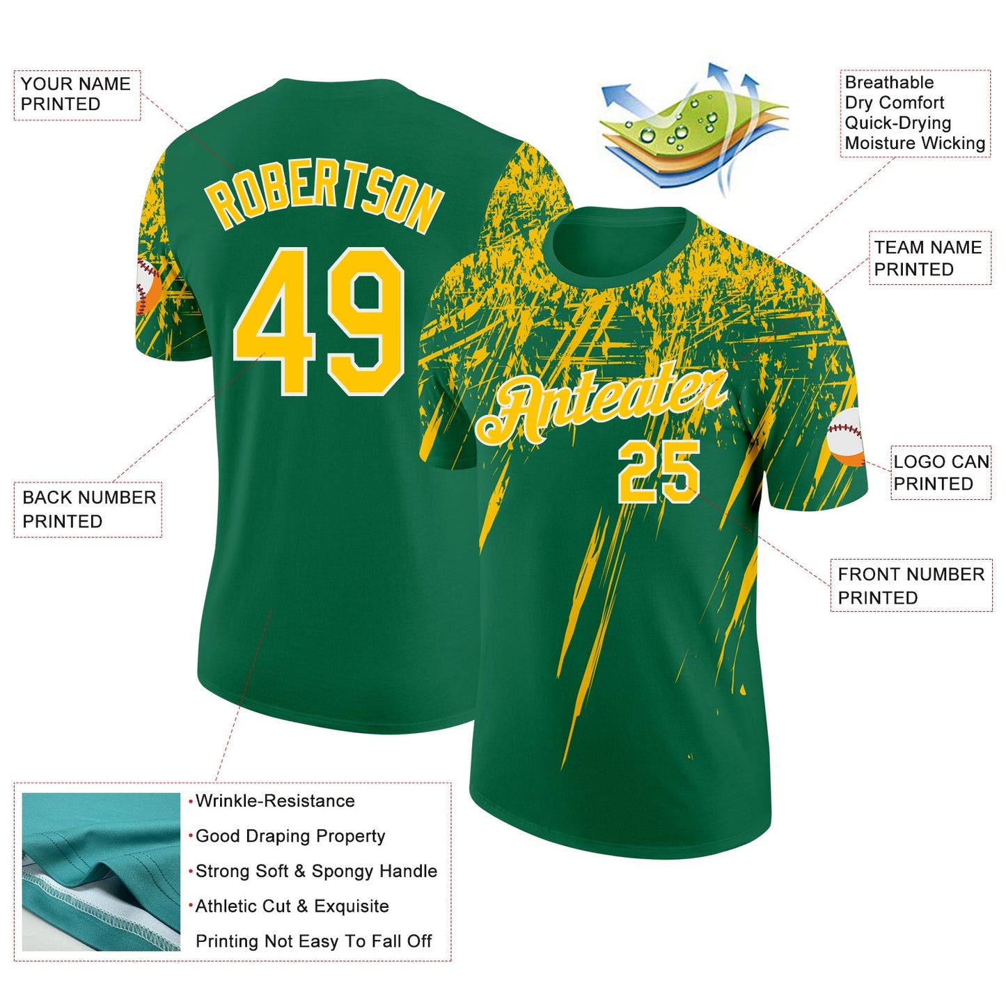Custom Kelly Green Yellow-White Distressed Scratch Brush Stroke Performance T-Shirt view 2
