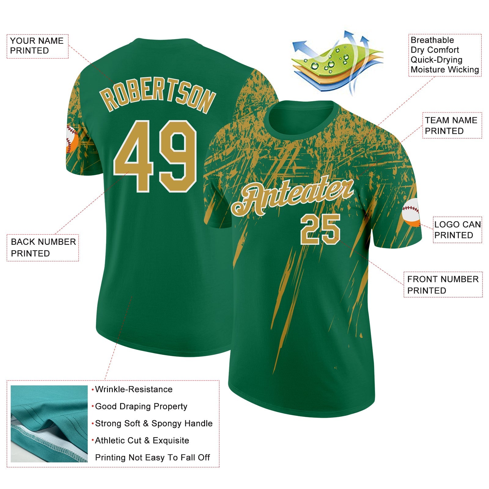 Custom Kelly Green Old Gold-White Distressed Scratch Brush Stroke Performance T-Shirt view 2