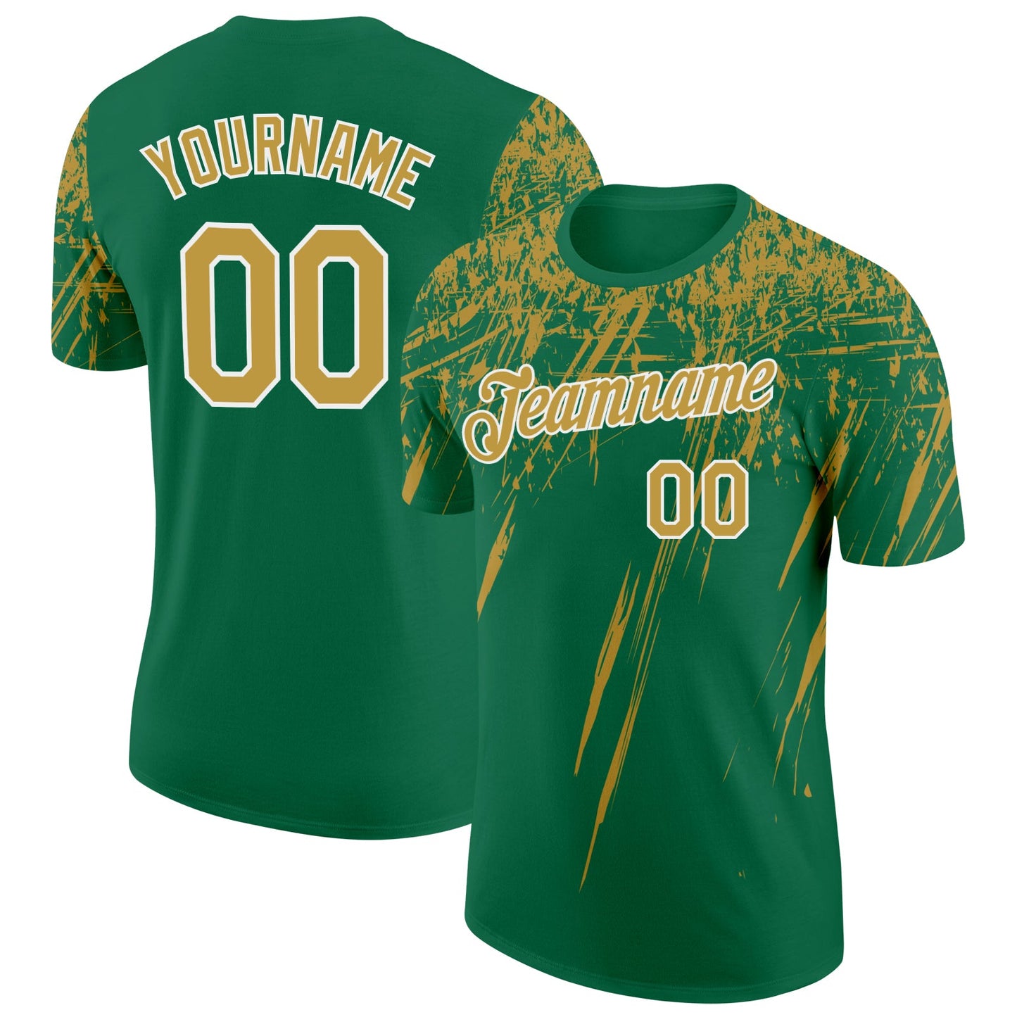 Custom Kelly Green Old Gold-White Distressed Scratch Brush Stroke Performance T-Shirt - Main View