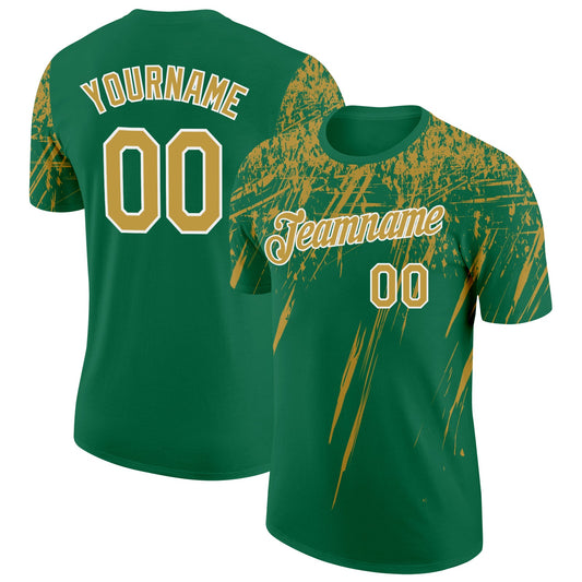 Custom Kelly Green Old Gold-White Distressed Scratch Brush Stroke Performance T-Shirt - Main View