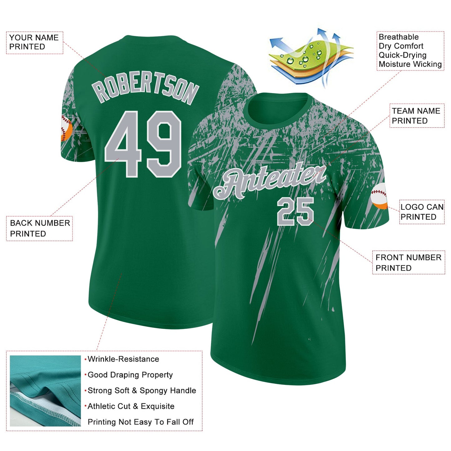 Custom Kelly Green Gray-White Distressed Scratch Brush Stroke Performance T-Shirt view 2