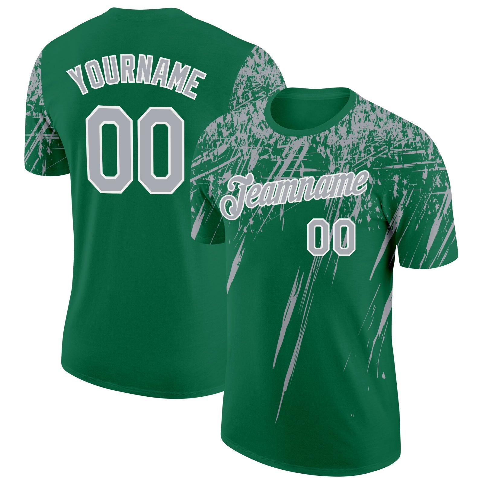 Custom Kelly Green Gray-White Distressed Scratch Brush Stroke Performance T-Shirt - Main View