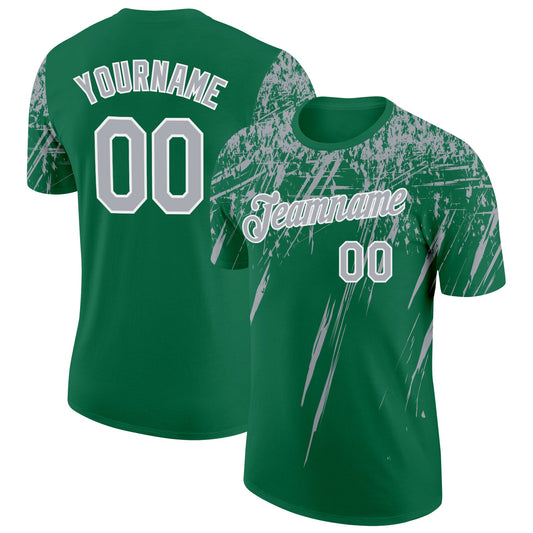 Custom Kelly Green Gray-White Distressed Scratch Brush Stroke Performance T-Shirt - Main View