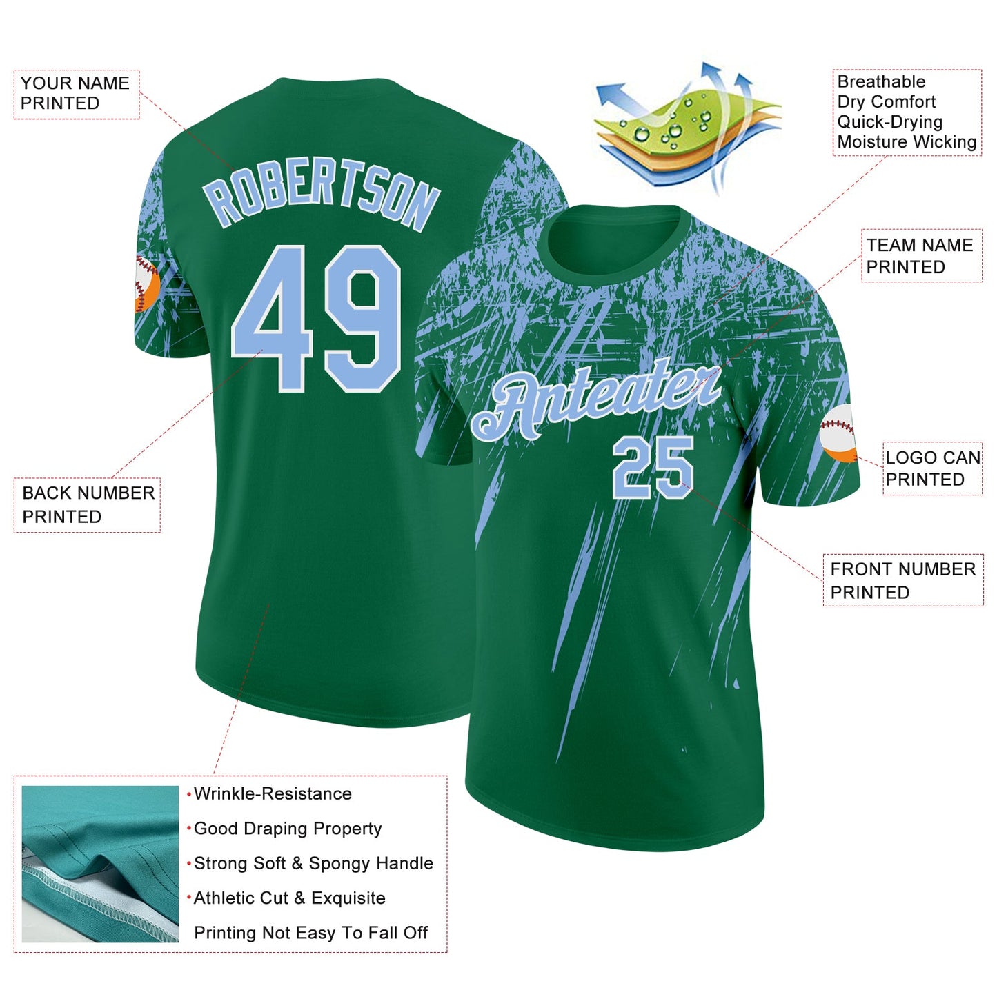 Custom Kelly Green Light Blue-White Distressed Scratch Brush Stroke Performance T-Shirt view 2