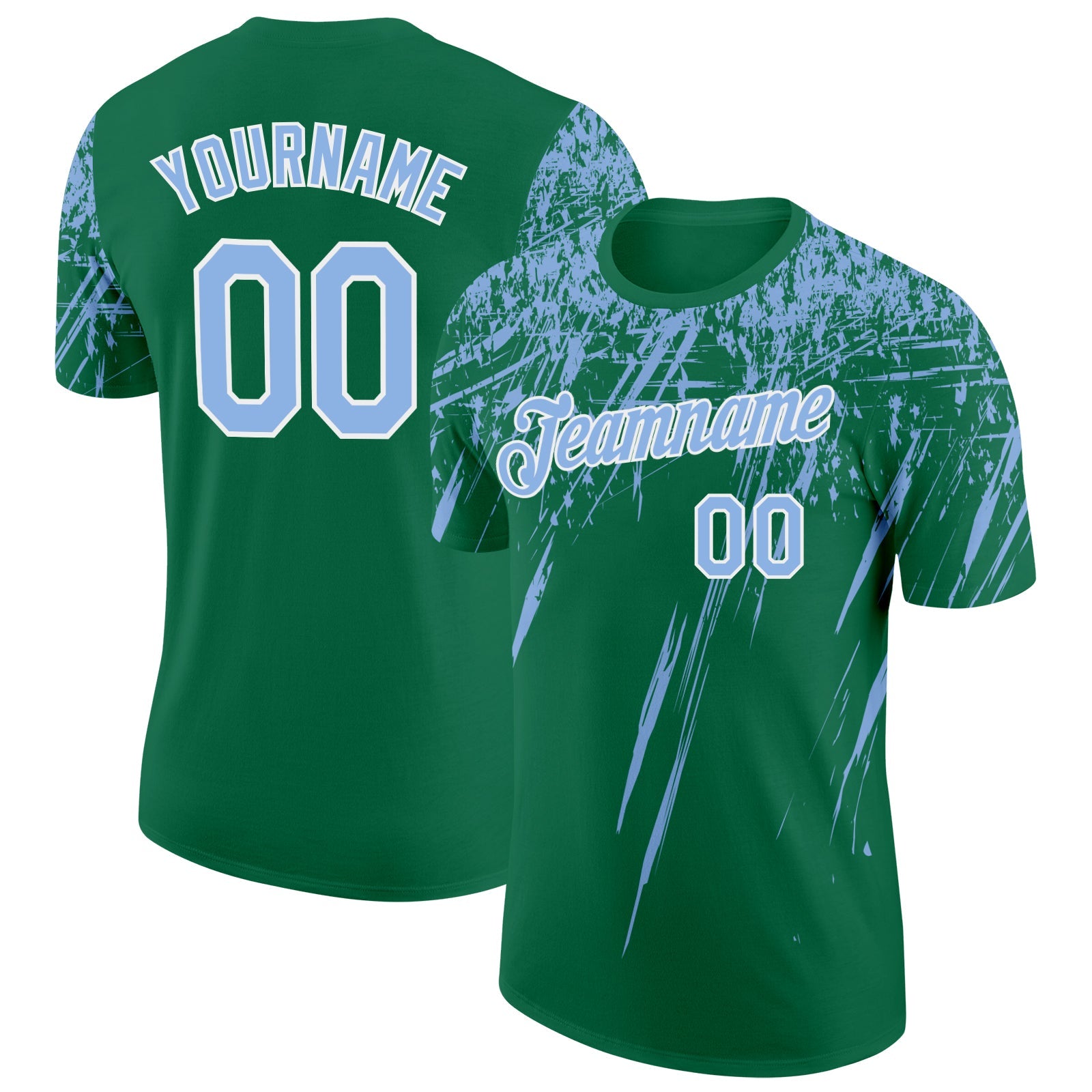 Custom Kelly Green Light Blue-White Distressed Scratch Brush Stroke Performance T-Shirt - Main View