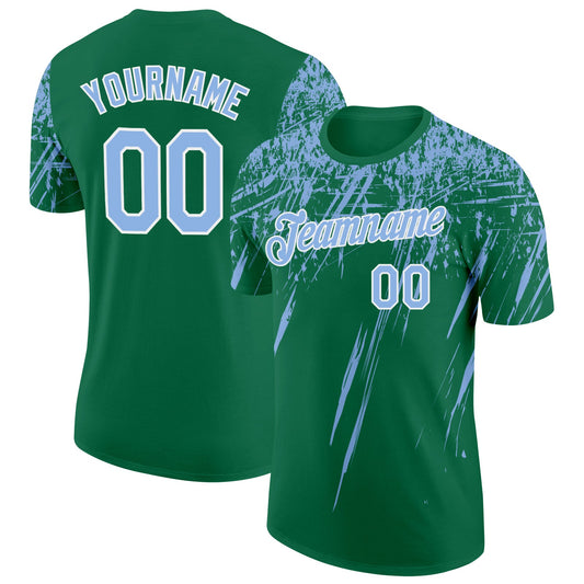 Custom Kelly Green Light Blue-White Distressed Scratch Brush Stroke Performance T-Shirt - Main View
