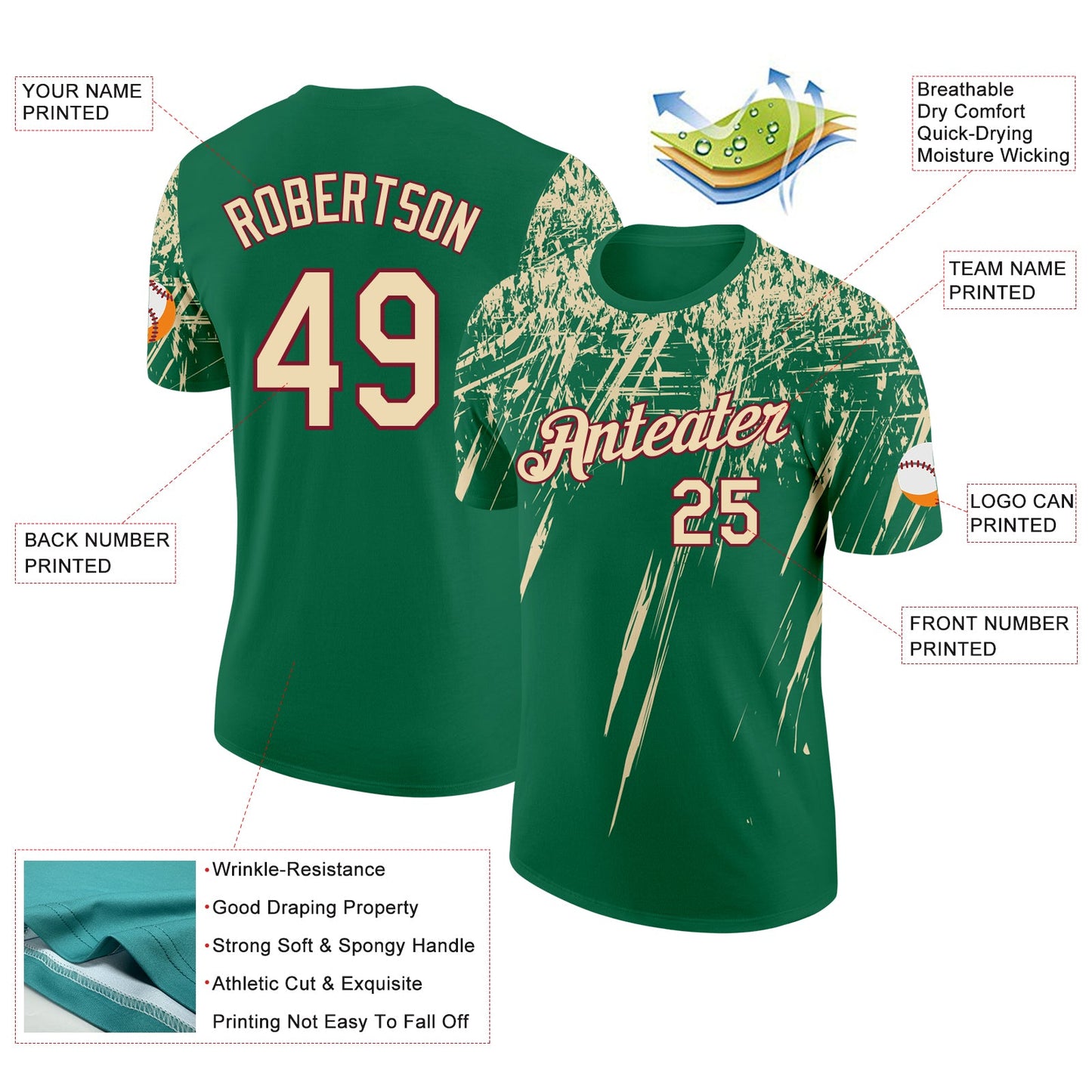 Custom Kelly Green Cream-Crimson Distressed Scratch Brush Stroke Performance T-Shirt view 2
