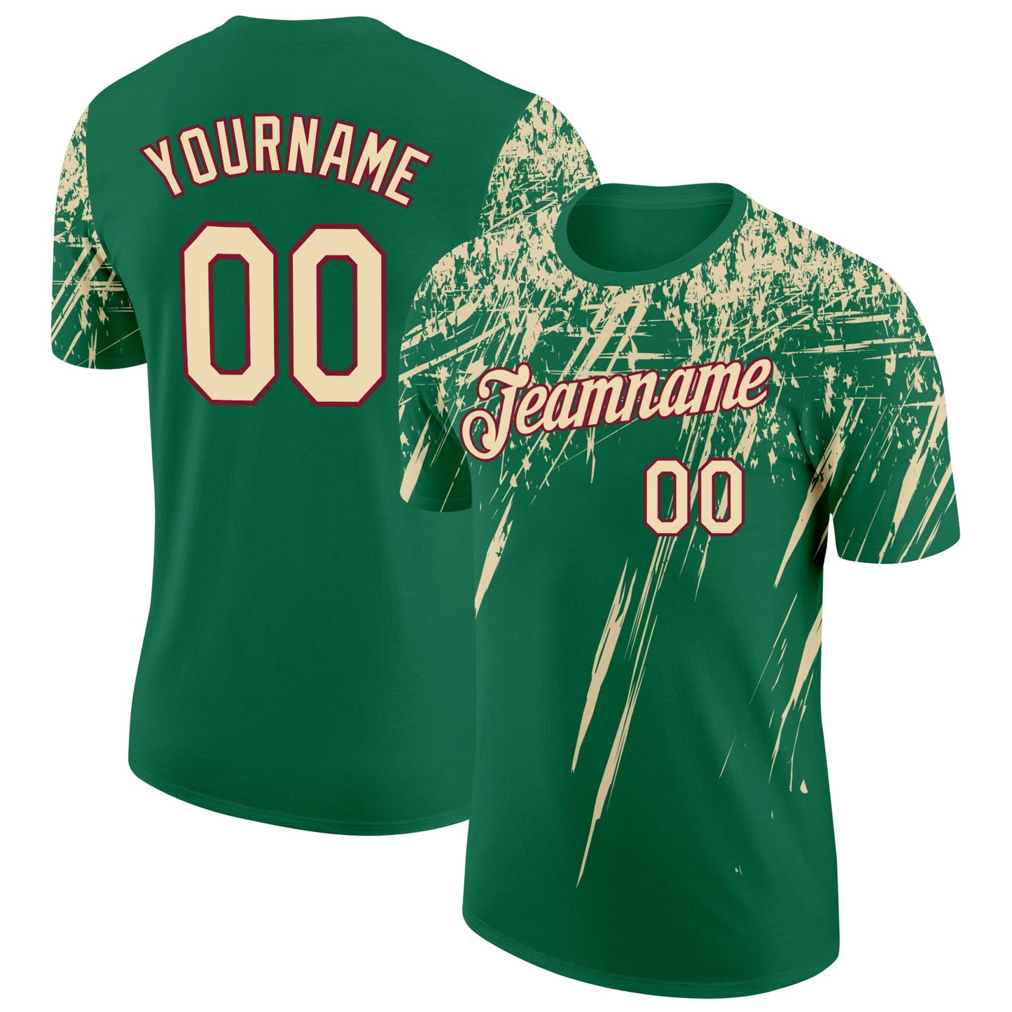 Custom Kelly Green Cream-Crimson Distressed Scratch Brush Stroke Performance T-Shirt - Main View