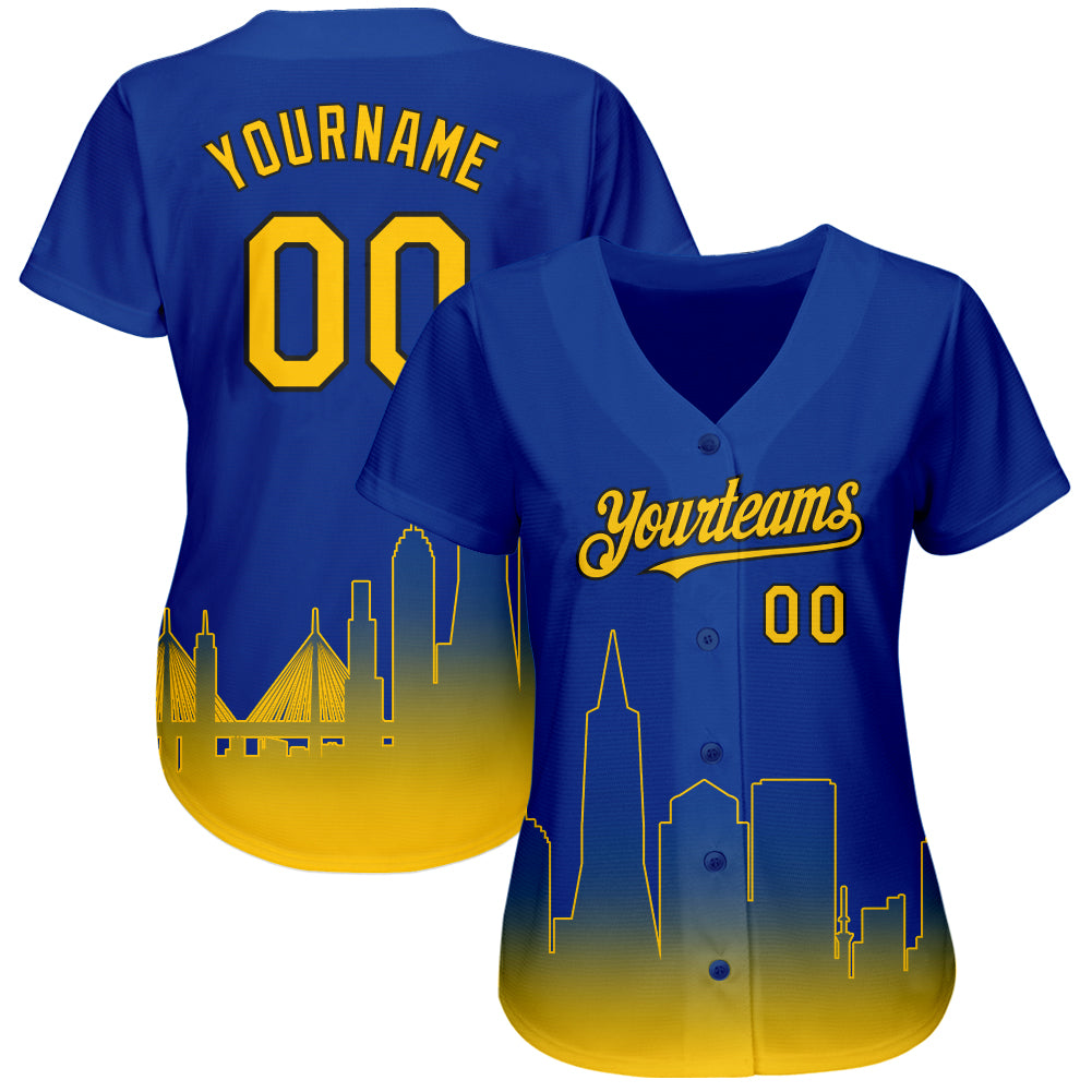 Custom Royal Yellow-Black 3D San Francisco City Edition Fade Fashion Authentic Baseball Jersey view 2