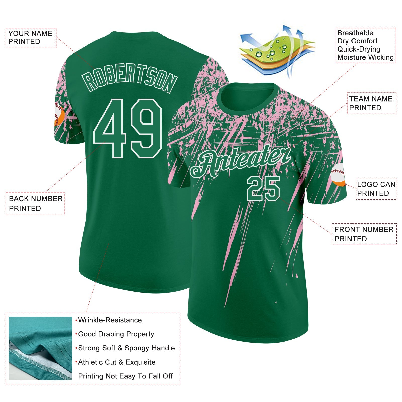 Custom Kelly Green Light Pink-White Distressed Scratch Brush Stroke Performance T-Shirt view 2