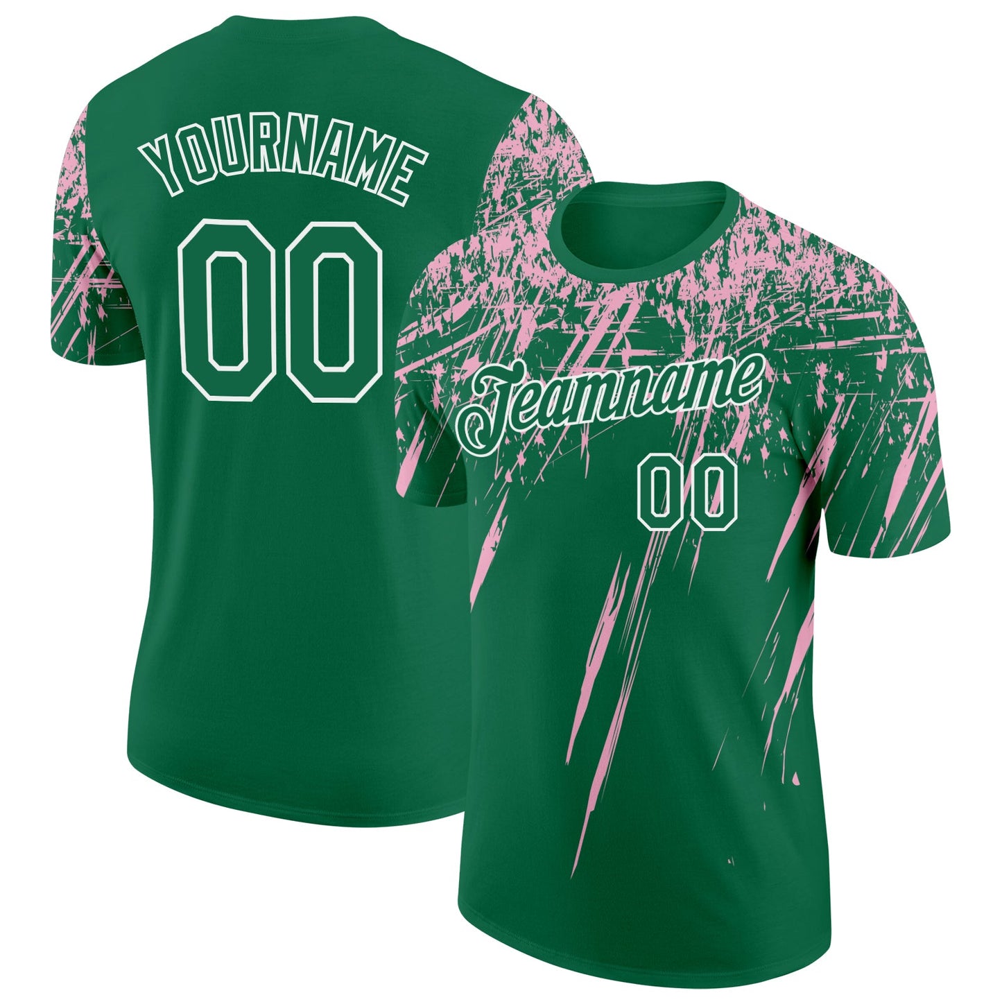 Custom Kelly Green Light Pink-White Distressed Scratch Brush Stroke Performance T-Shirt - Main View