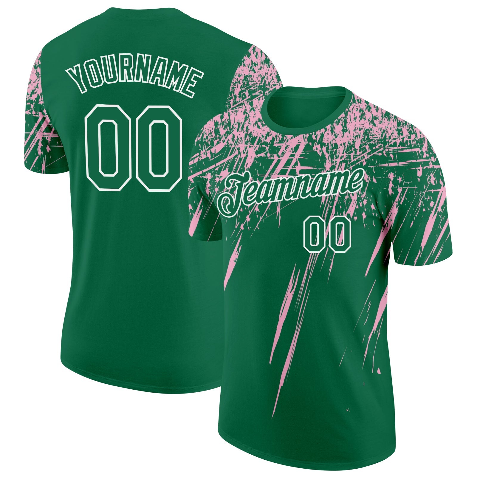 Custom Kelly Green Light Pink-White Distressed Scratch Brush Stroke Performance T-Shirt - Main View