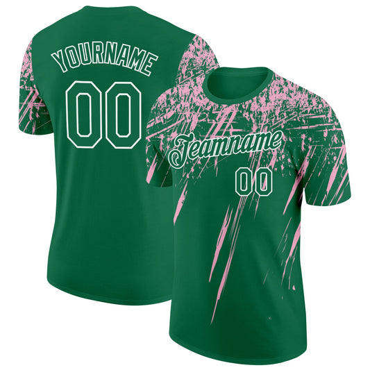 Custom Kelly Green Light Pink-White Distressed Scratch Brush Stroke Performance T-Shirt - Main View