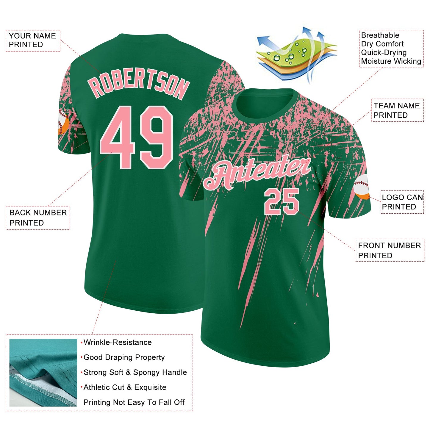Custom Kelly Green Medium Pink-White Distressed Scratch Brush Stroke Performance T-Shirt view 2
