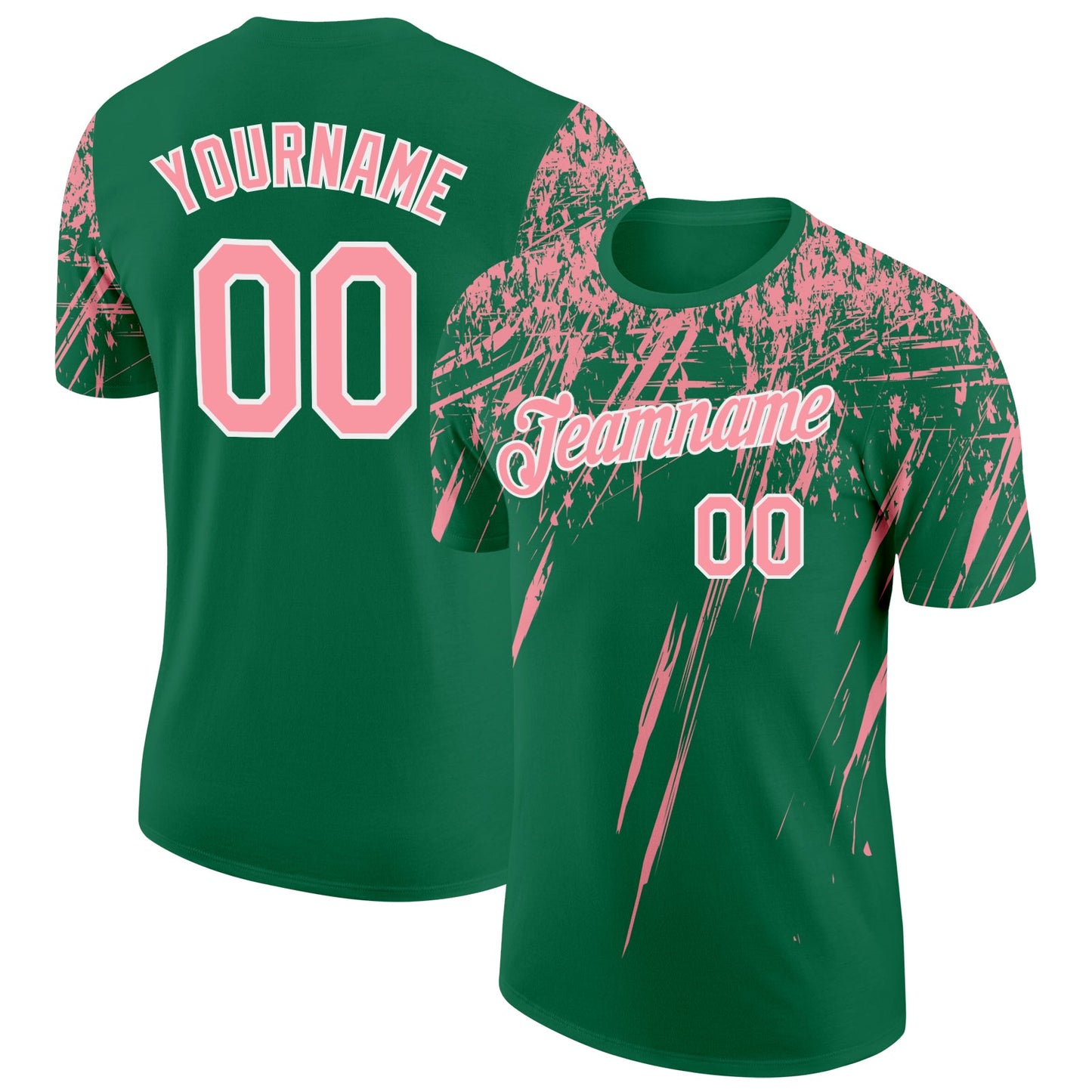 Custom Kelly Green Medium Pink-White Distressed Scratch Brush Stroke Performance T-Shirt - Main View