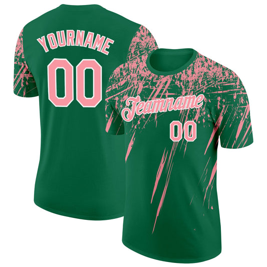 Custom Kelly Green Medium Pink-White Distressed Scratch Brush Stroke Performance T-Shirt - Main View