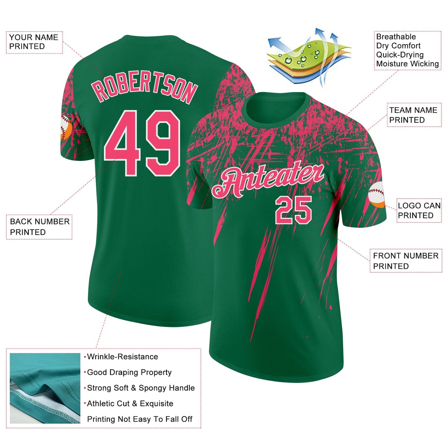 Custom Kelly Green Neon Pink-White Distressed Scratch Brush Stroke Performance T-Shirt view 2