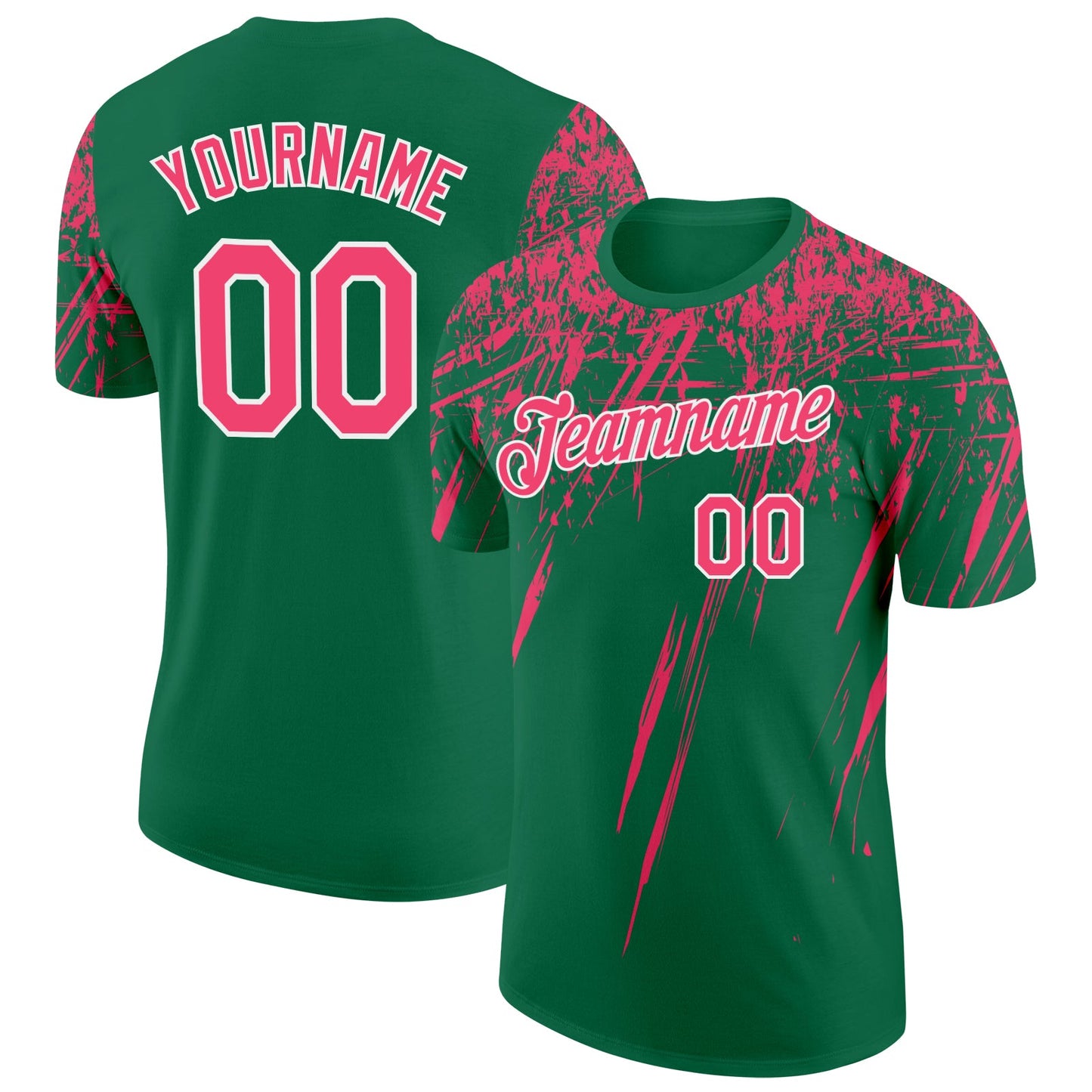 Custom Kelly Green Neon Pink-White Distressed Scratch Brush Stroke Performance T-Shirt - Main View