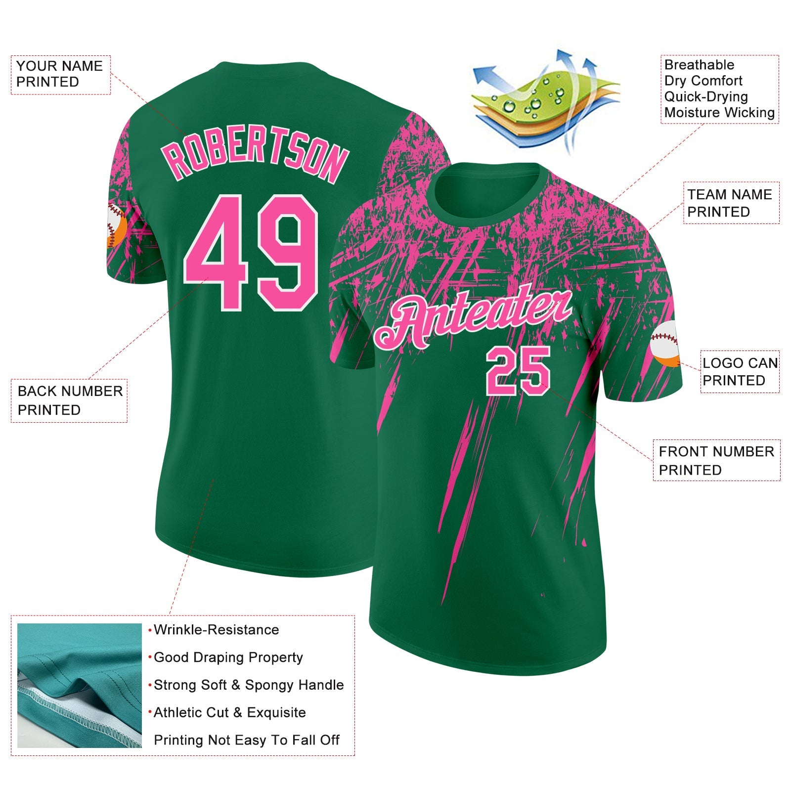 Custom Kelly Green Pink-White Distressed Scratch Brush Stroke Performance T-Shirt view 2