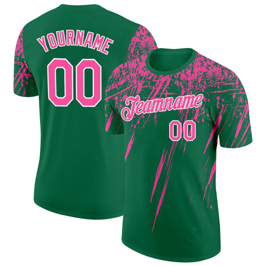 Custom Kelly Green Pink-White Distressed Scratch Brush Stroke Performance T-Shirt - Main View