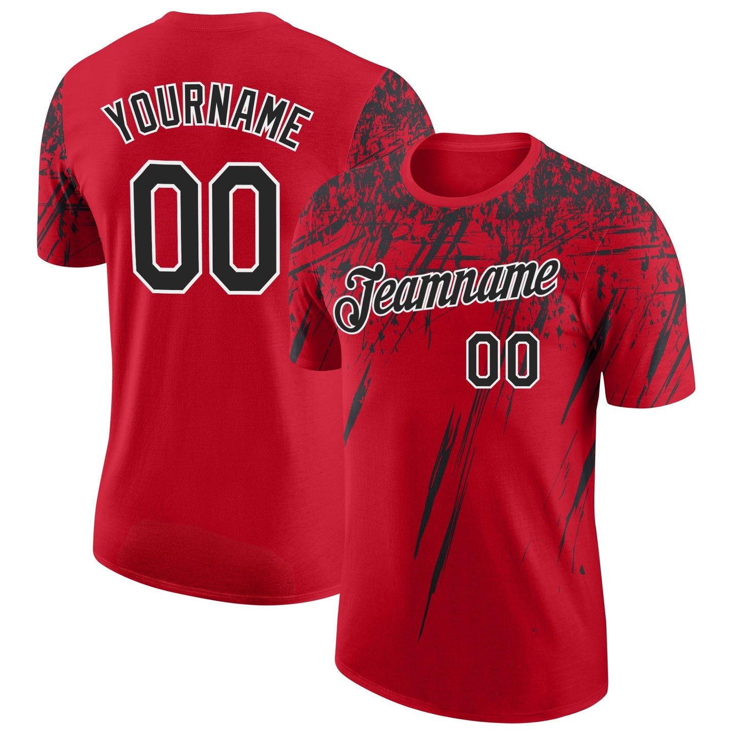 Custom Red Black-White Distressed Scratch Brush Stroke Performance T-Shirt - Main View