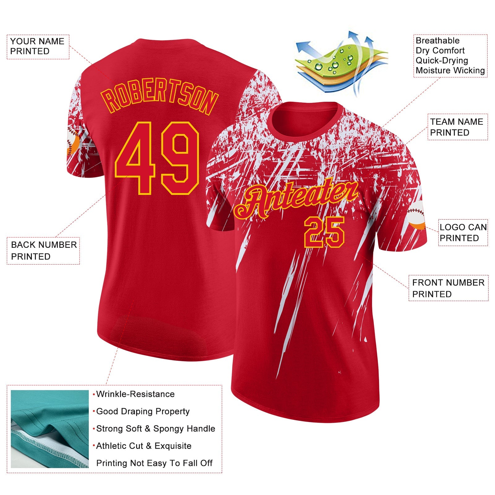 Custom Red White-Yellow Distressed Scratch Brush Stroke Performance T-Shirt view 2