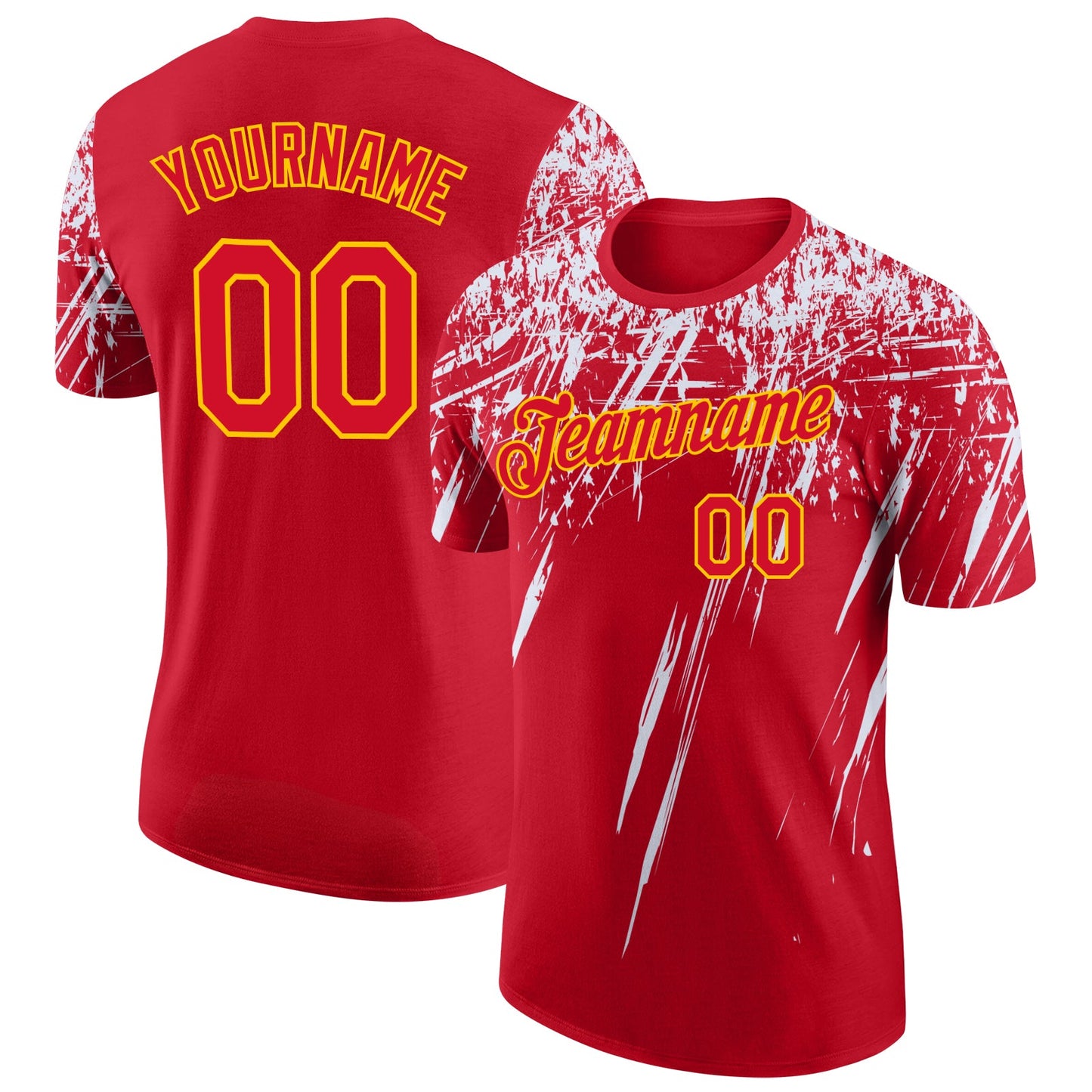Custom Red White-Yellow Distressed Scratch Brush Stroke Performance T-Shirt - Main View