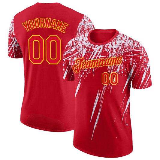 Custom Red White-Yellow Distressed Scratch Brush Stroke Performance T-Shirt - Main View
