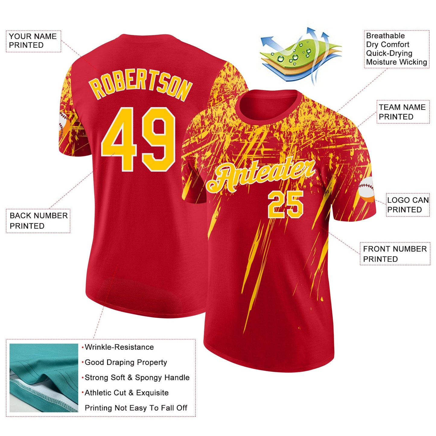 Custom Red Yellow-White Distressed Scratch Brush Stroke Performance T-Shirt view 2