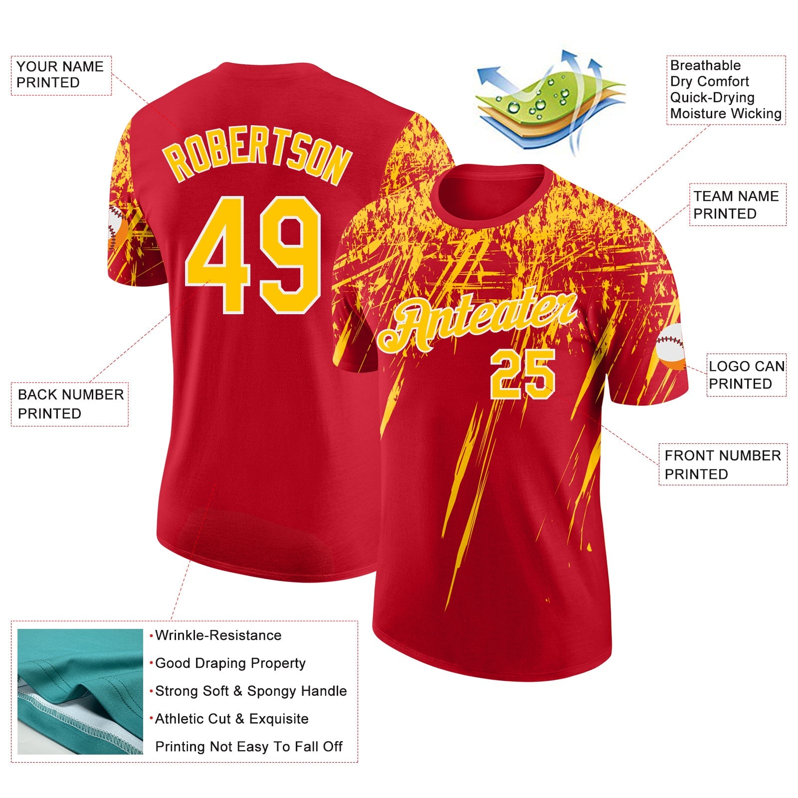 Custom Red Yellow-White Distressed Scratch Brush Stroke Performance T-Shirt view 2