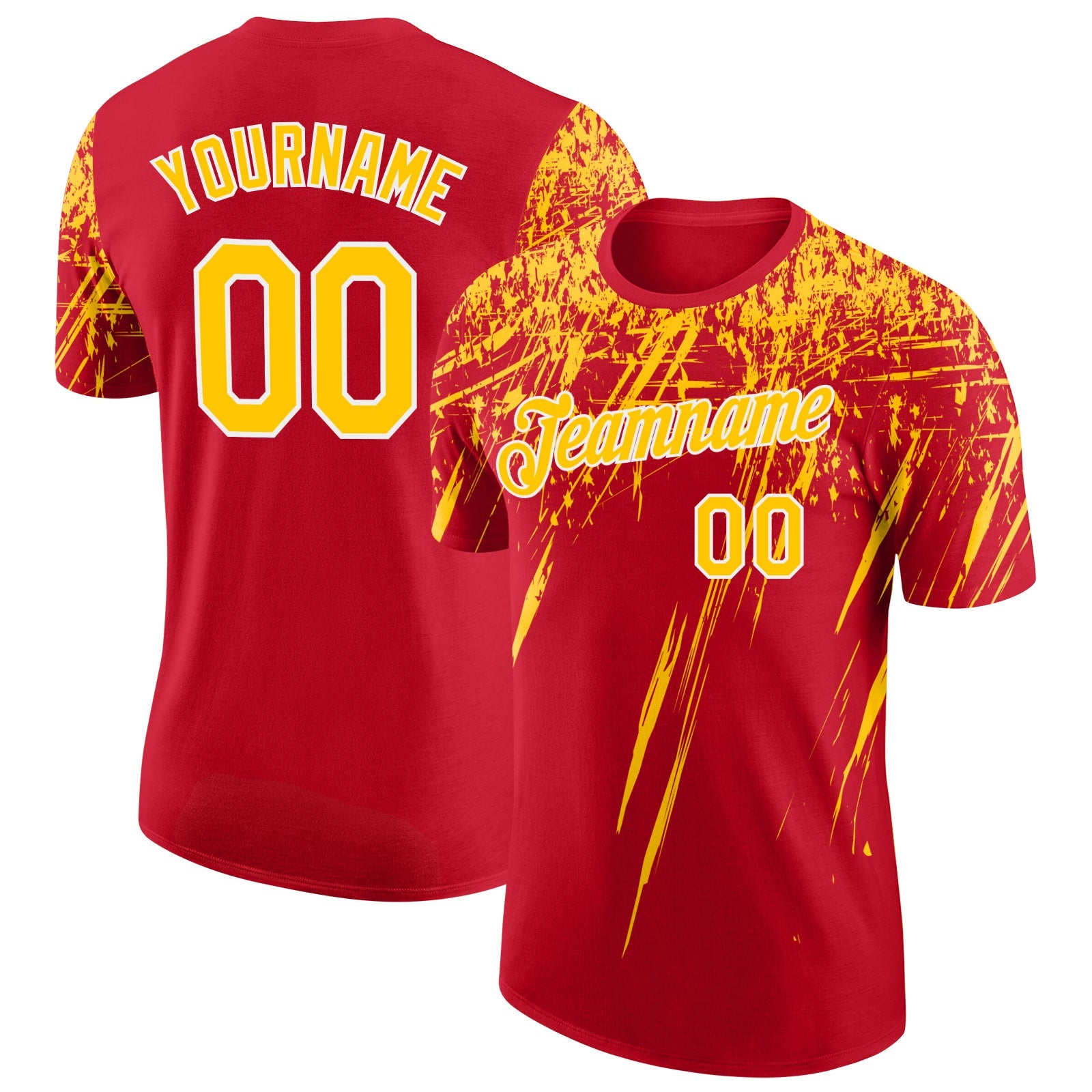 Custom Red Yellow-White Distressed Scratch Brush Stroke Performance T-Shirt - Main View