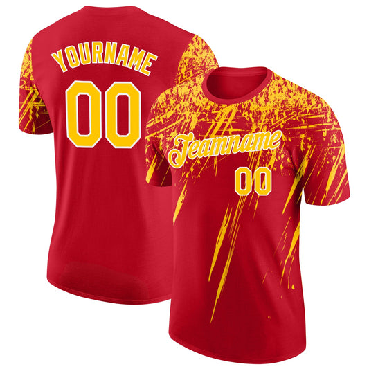 Custom Red Yellow-White Distressed Scratch Brush Stroke Performance T-Shirt - Main View